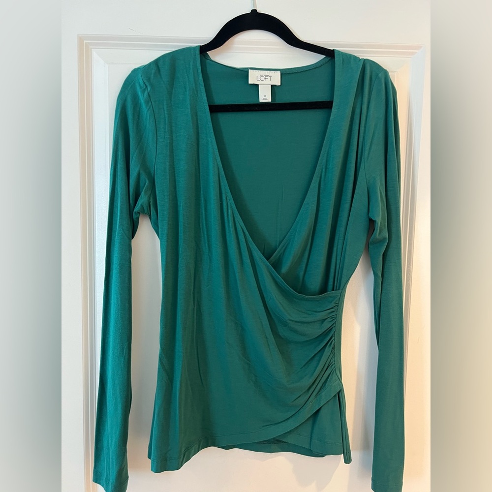 LOFT Teal Draped Wrap-Front Long Sleeve Top